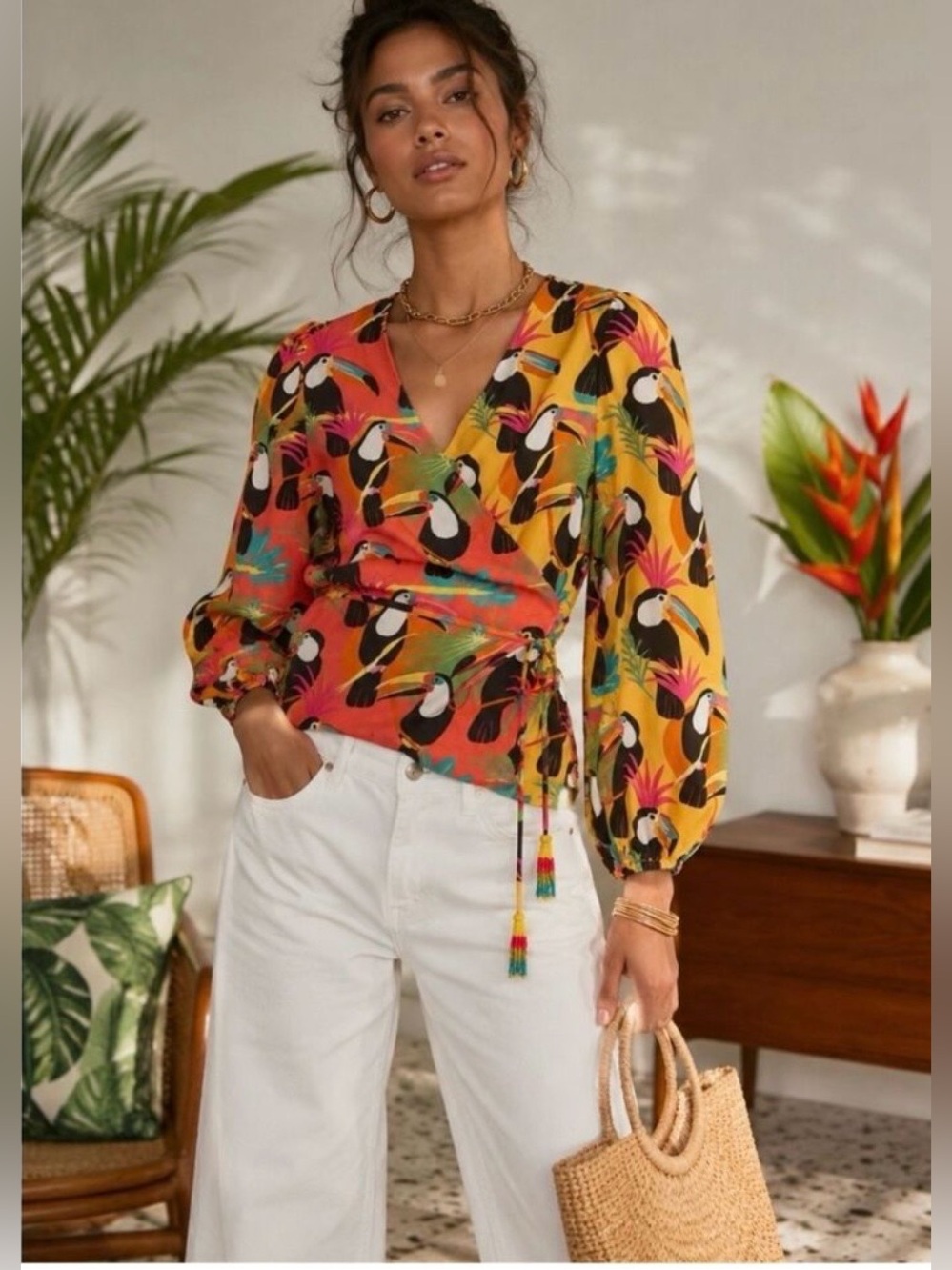 Farm Rio Anthropologie Tropical Toucan Wrap Blouse sz small